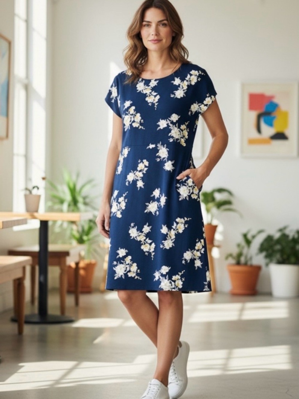 J Jill Floral Dress Wearever Sz S Navy Blue Jersey Casual Chic Modest Cottage